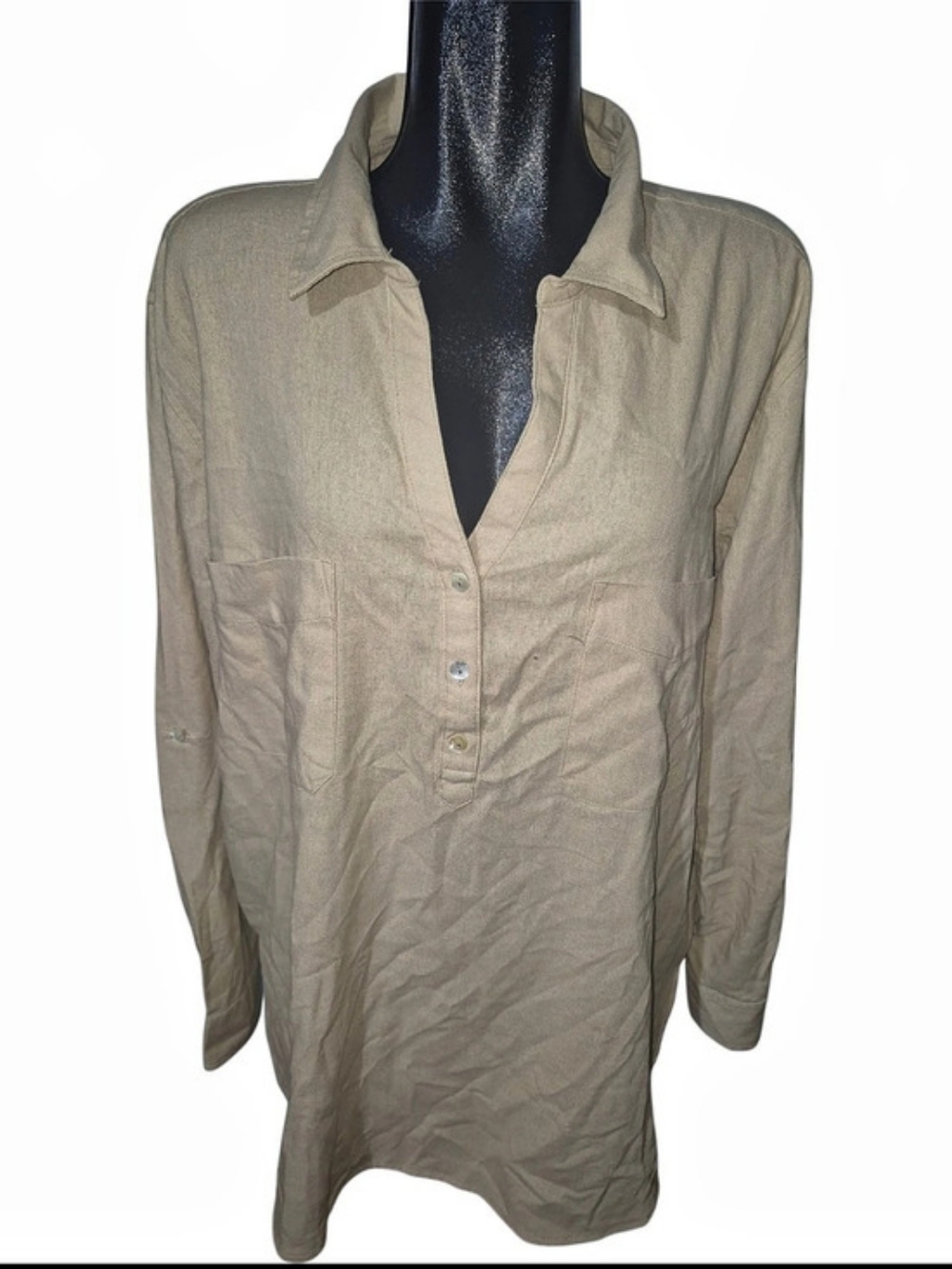 Ellen Tracy Beige Linen Blend Collared Button-Neckline Pullover Tunic Top XL